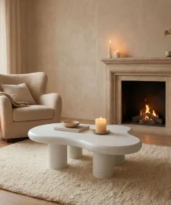 Table basse forme courbes naturelles Valdo 69x100cm Blanc texturé