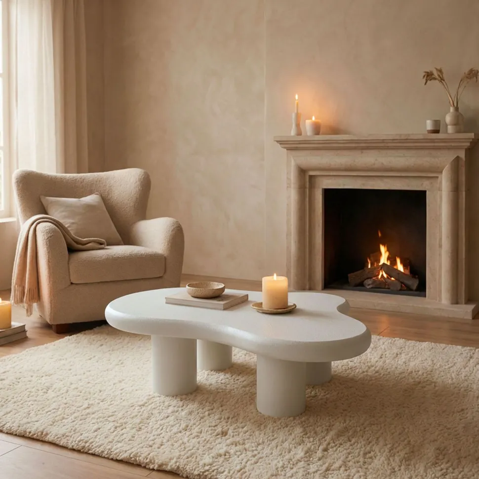 Table basse forme courbes naturelles Valdo 69x100cm Blanc texturé