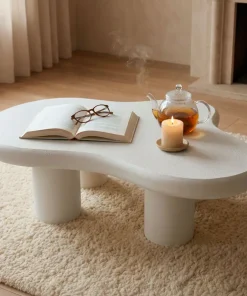 Table basse forme courbes naturelles Valdo 69x100cm Blanc texturé