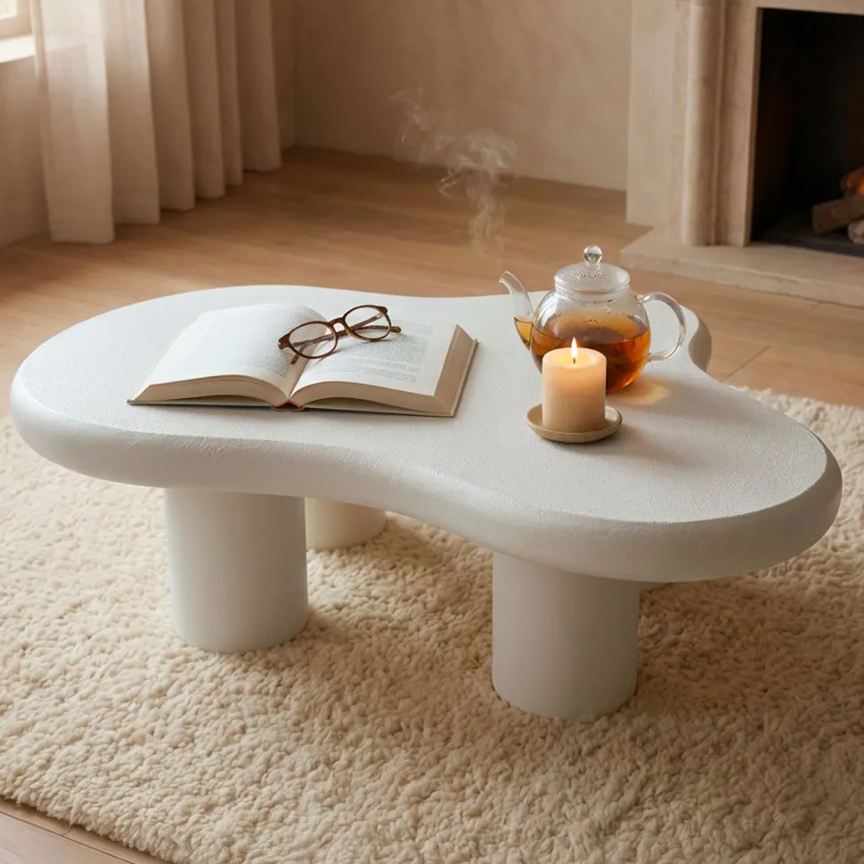 Table basse forme courbes naturelles Valdo 69x100cm Blanc texturé