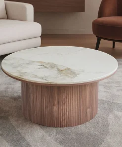 Table basse moderne ronde 80cm Eglantine Bois et Céramique Effet marbre Blanc