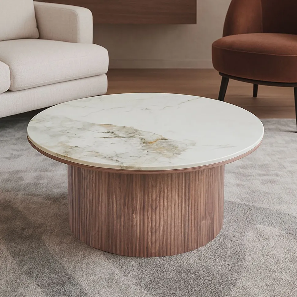 Table basse moderne ronde 80cm Eglantine Bois et Céramique Effet marbre Blanc