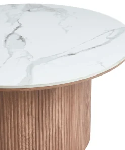 Table basse moderne ronde 80cm Eglantine Bois et Céramique Effet marbre Blanc