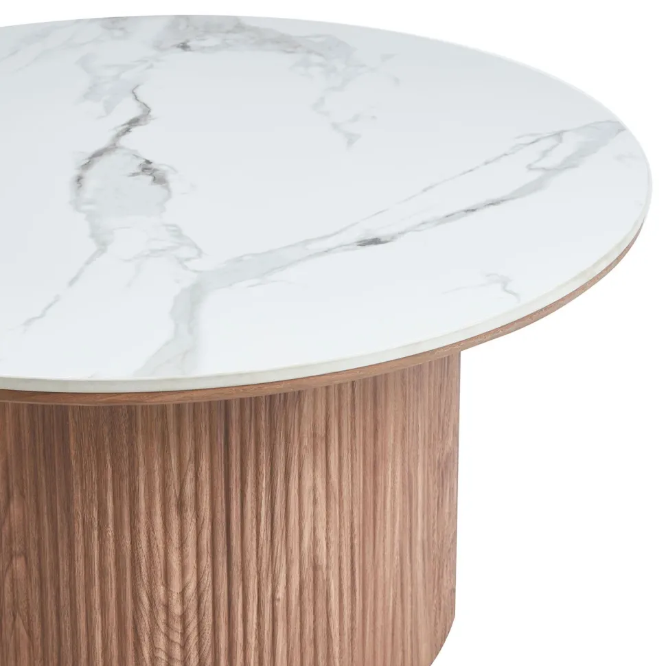 Table basse moderne ronde 80cm Eglantine Bois et Céramique Effet marbre Blanc