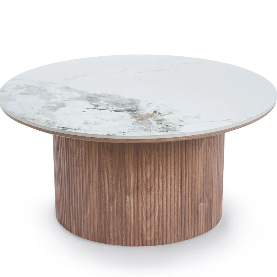 Table basse moderne ronde 80cm Eglantine Bois et Céramique Effet marbre Blanc