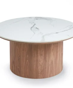 Table basse moderne ronde 80cm Eglantine Bois et Céramique Effet marbre Blanc