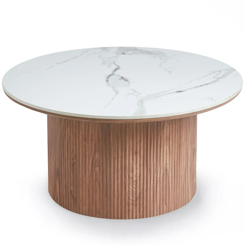 Table basse moderne ronde 80cm Eglantine Bois et Céramique Effet marbre Blanc