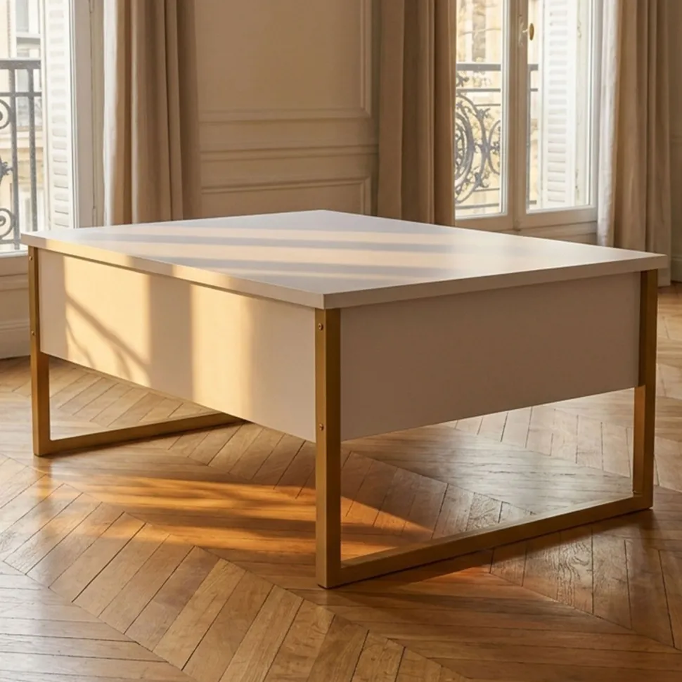 Table basse moderne Valmain 60x90cm Blanc et Métal Or