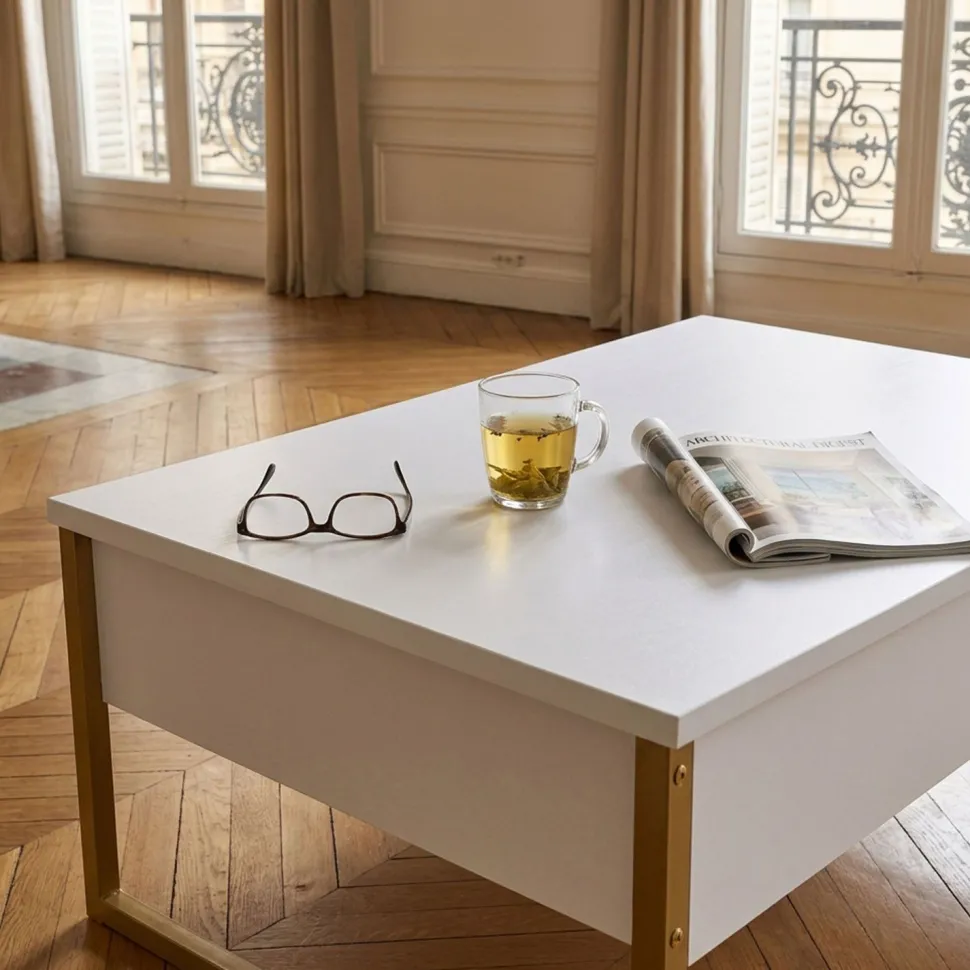 Table basse moderne Valmain 60x90cm Blanc et Métal Or