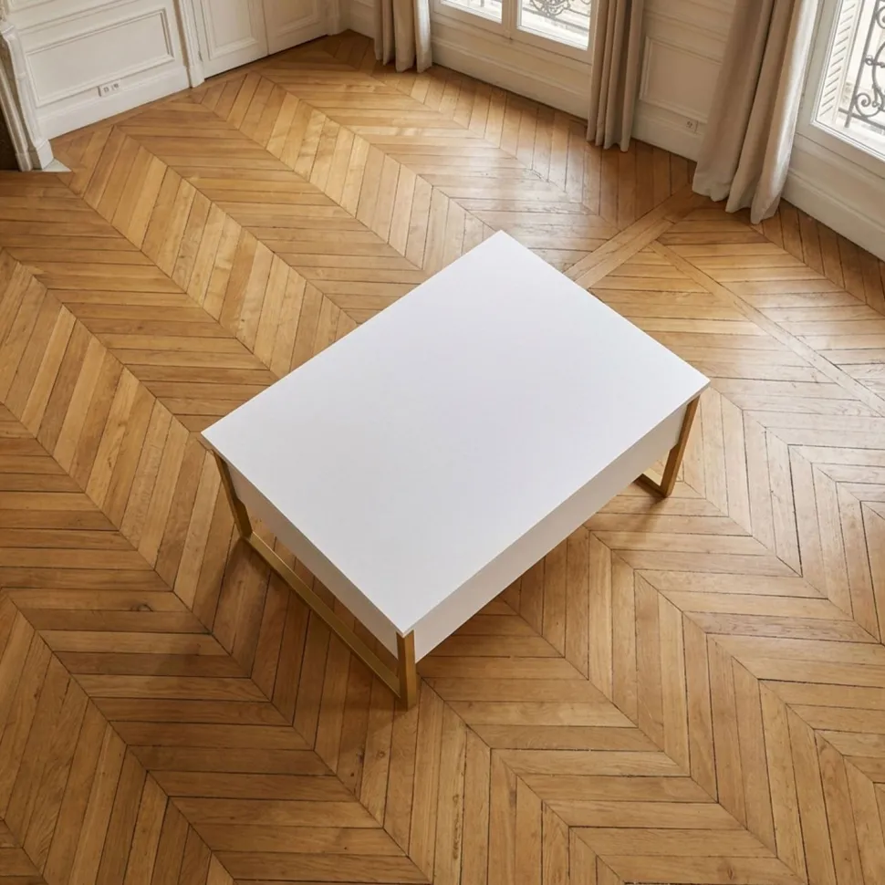 Table basse moderne Valmain 60x90cm Blanc et Métal Or