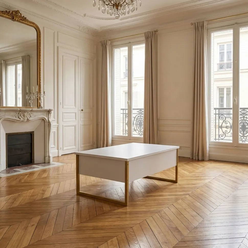 Table basse moderne Valmain 60x90cm Blanc et Métal Or
