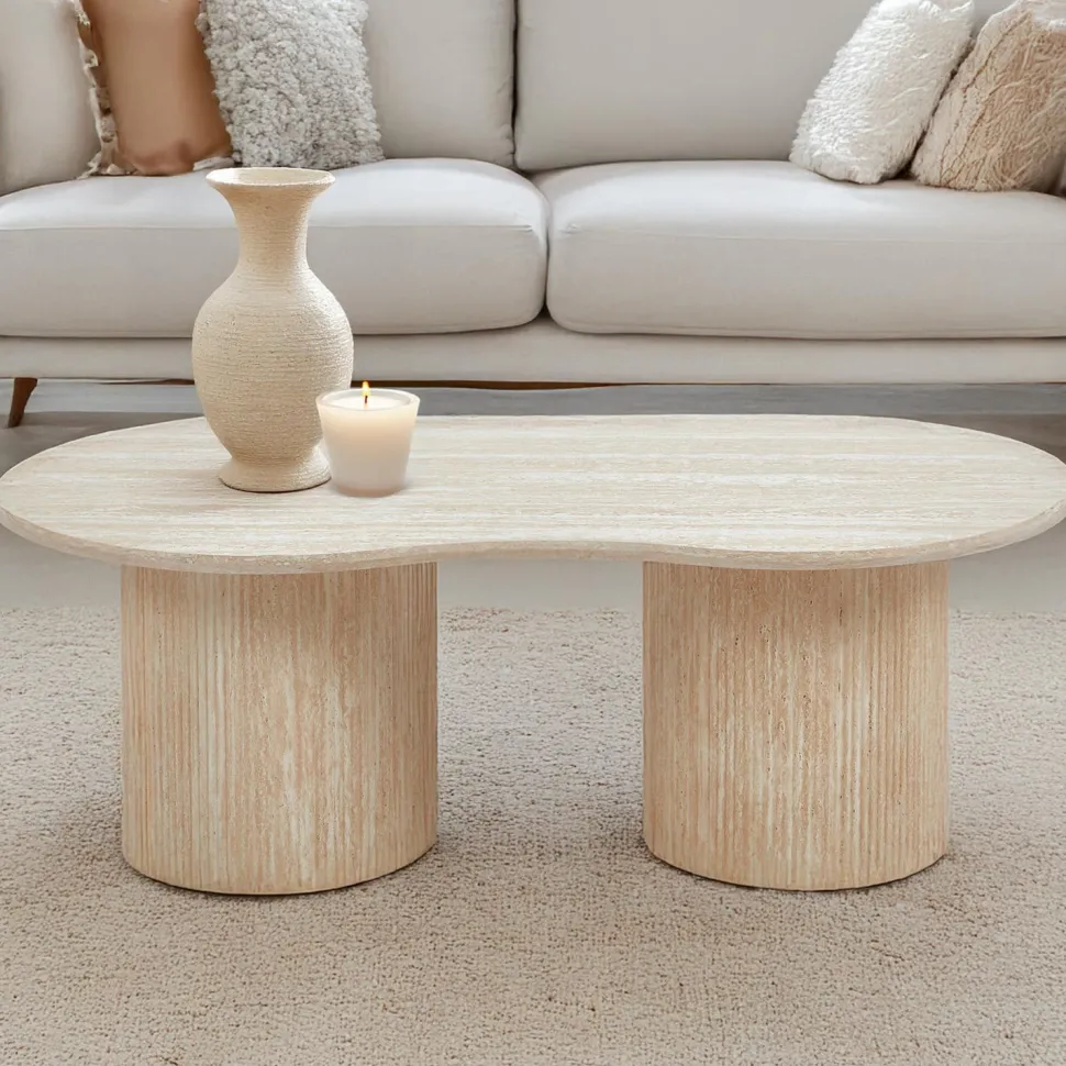 Table basse moderne 70x130cm avec pieds style colonnes Gwendoline Effet travertin Beige