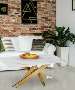 Table basse Naelle en Verre effet Marbre blanc et pieds Or