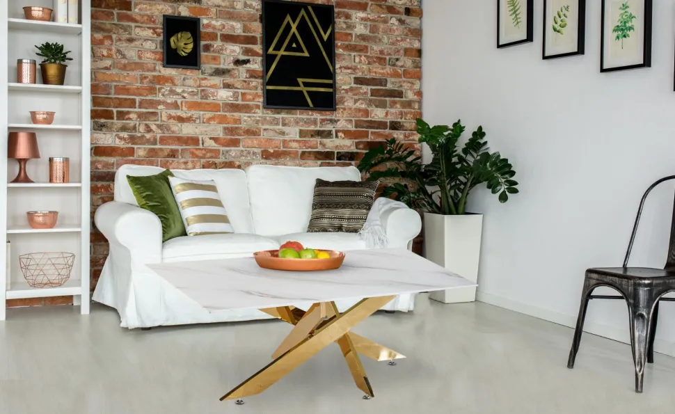 Table basse Naelle en Verre effet Marbre blanc et pieds Or
