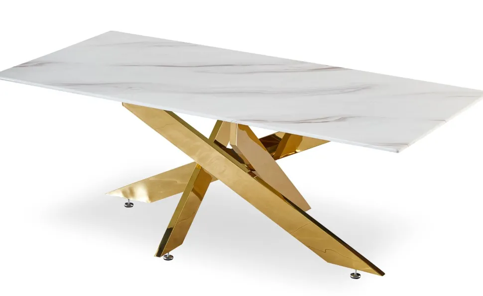 Table basse Naelle en Verre effet Marbre blanc et pieds Or