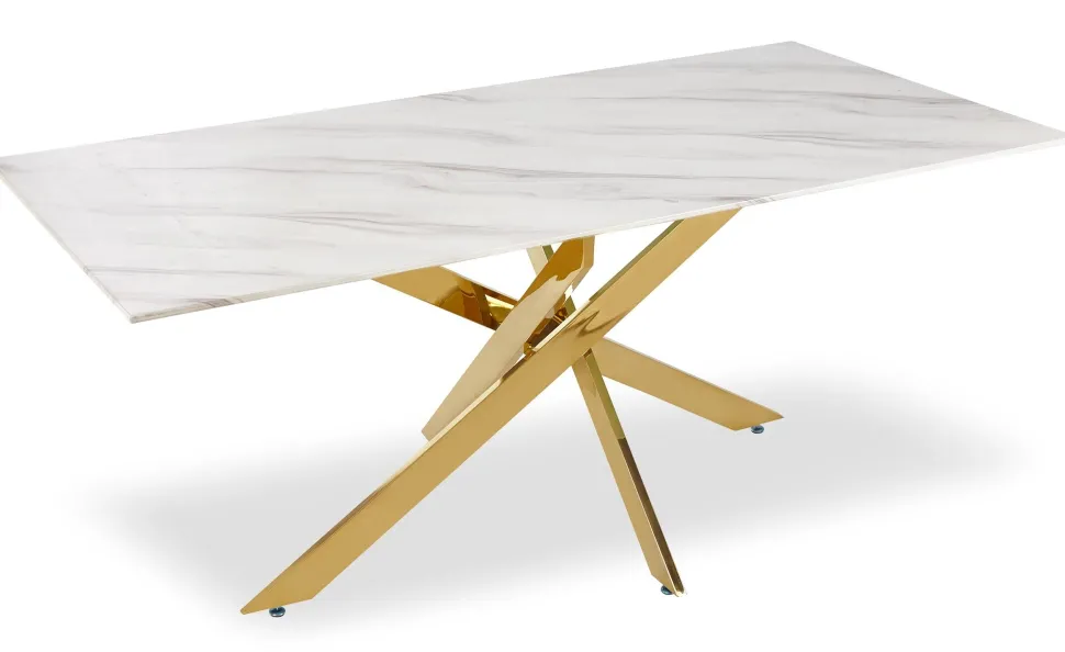 Table basse Naelle en Verre effet Marbre blanc et pieds Or