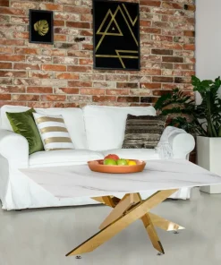 Table basse Naelle en Verre effet Marbre blanc et pieds Or