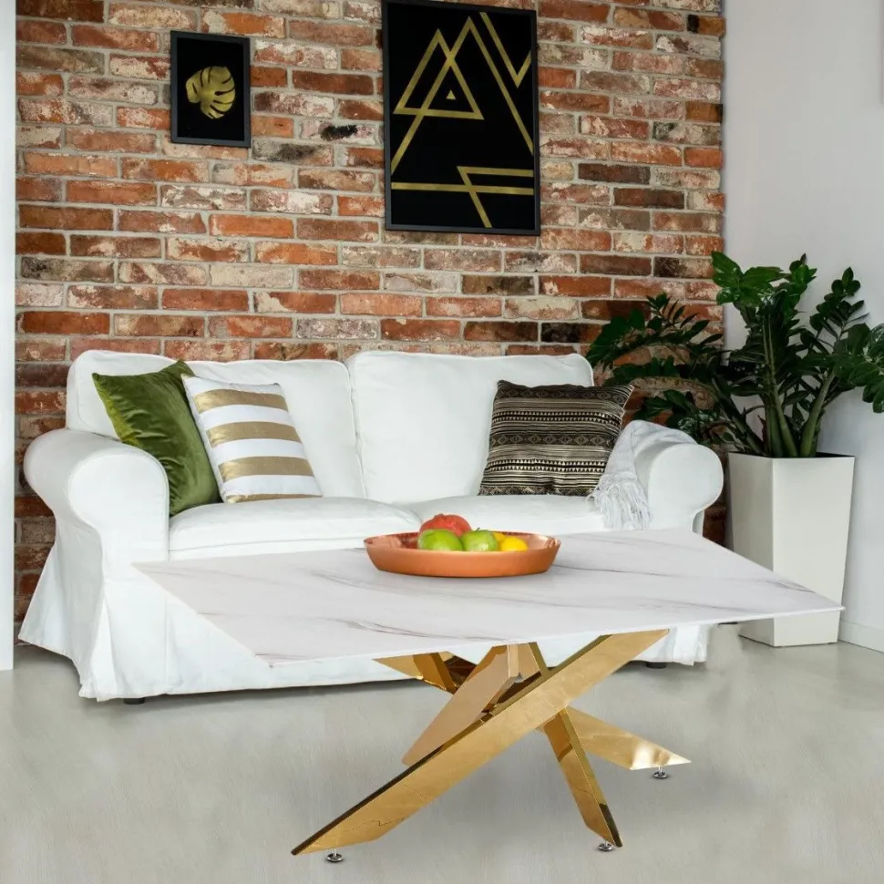 Table basse Naelle en Verre effet Marbre blanc et pieds Or