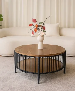 Table basse ronde avec rangement L84cm Curcuma Bois et Métal mareté Noir