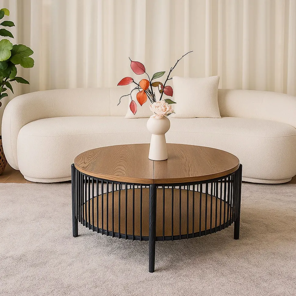 Table basse ronde avec rangement L84cm Curcuma Bois et Métal mareté Noir