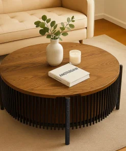 Table basse ronde avec rangement L84cm Curcuma Bois et Métal mareté Noir