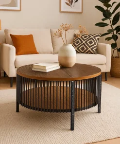 Table basse ronde avec rangement L84cm Curcuma Bois et Métal mareté Noir