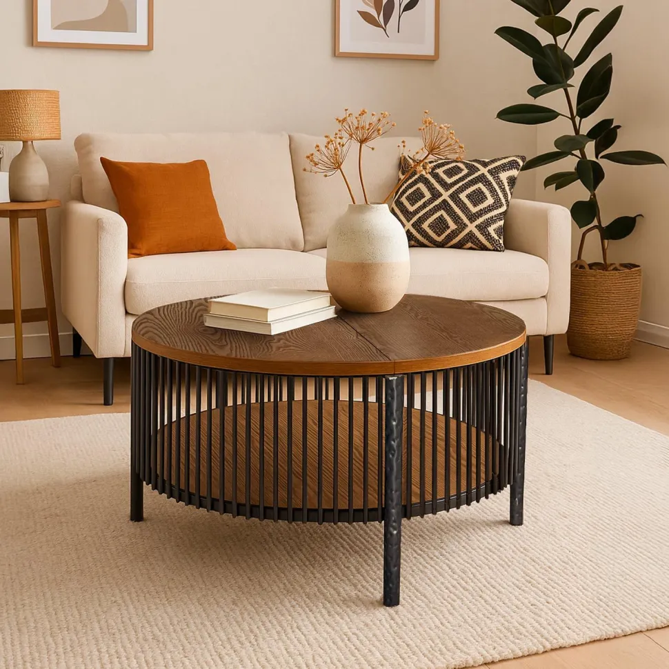 Table basse ronde avec rangement L84cm Curcuma Bois et Métal mareté Noir