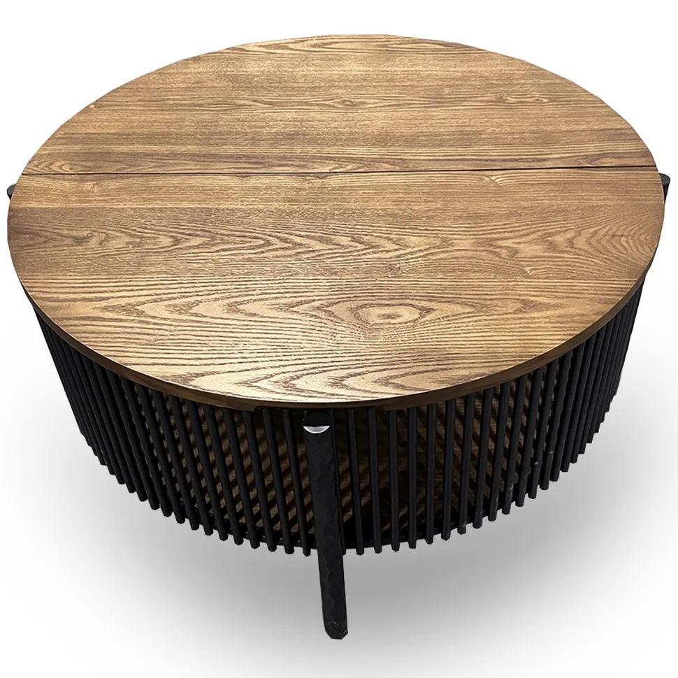 Table basse ronde avec rangement L84cm Curcuma Bois et Métal mareté Noir