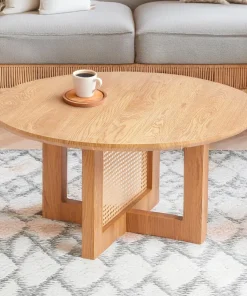 Table basse ronde D80cm Bohemia Chêne clair et Rotin