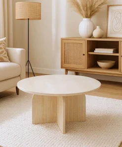 Table basse ronde élégante 80cm Calyptus Effet travertin Beige