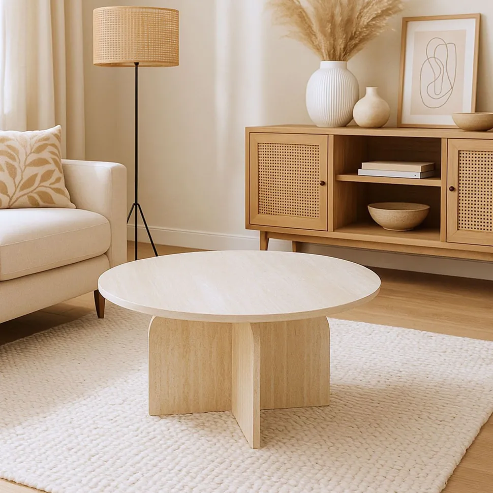 Table basse ronde élégante 80cm Calyptus Effet travertin Beige