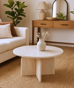 Table basse ronde élégante 80cm Calyptus Effet travertin Beige