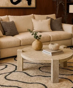 Table basse ronde moderne Titouan D84cm Effet Travertin Beige