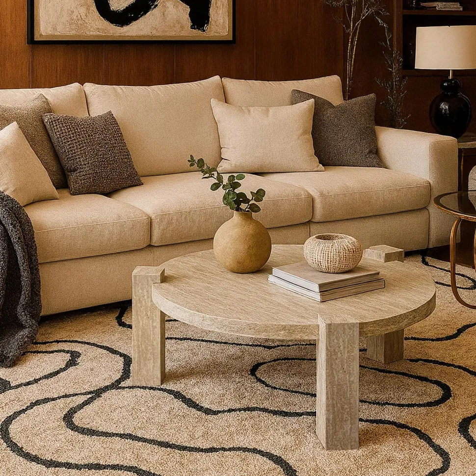 Table basse ronde moderne Titouan D84cm Effet Travertin Beige