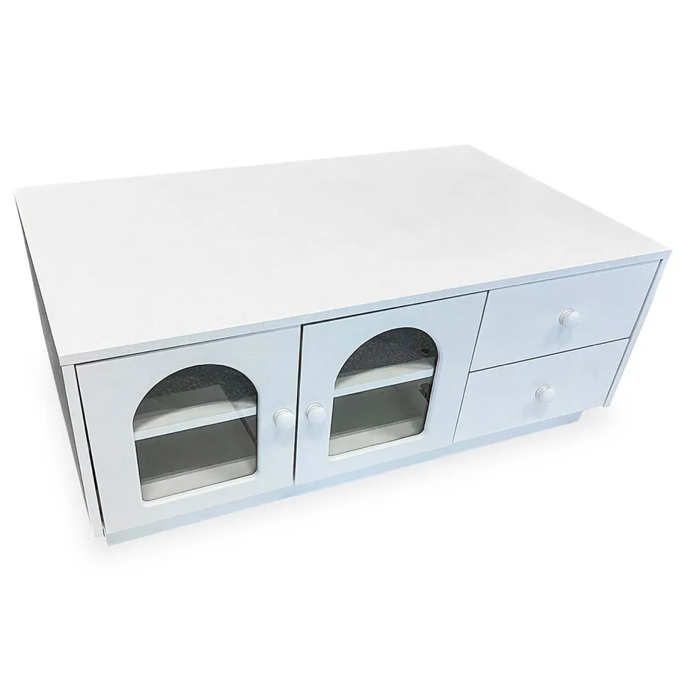 Table basse 60x100cm avec portes et tiroirs style naturel chic Volos Blanc texturé