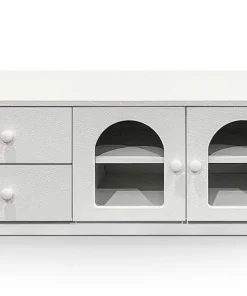 Table basse 60x100cm avec portes et tiroirs style naturel chic Volos Blanc texturé
