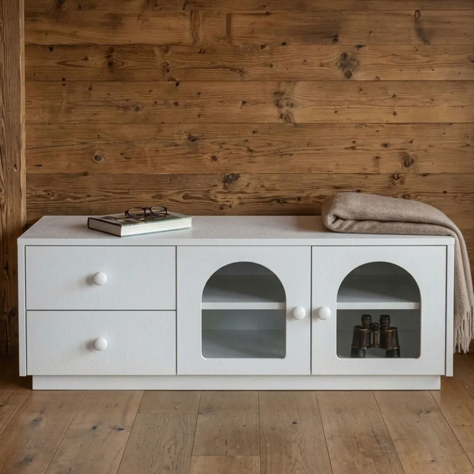 Table basse 60x100cm avec portes et tiroirs style naturel chic Volos Blanc texturé