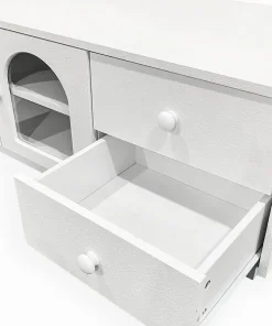 Table basse 60x100cm avec portes et tiroirs style naturel chic Volos Blanc texturé