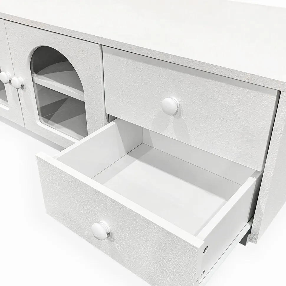 Table basse 60x100cm avec portes et tiroirs style naturel chic Volos Blanc texturé