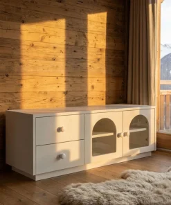 Table basse 60x100cm avec portes et tiroirs style naturel chic Volos Blanc texturé