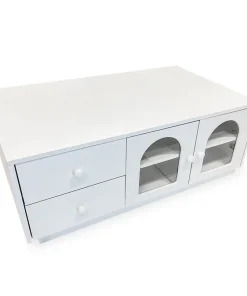 Table basse 60x100cm avec portes et tiroirs style naturel chic Volos Blanc texturé