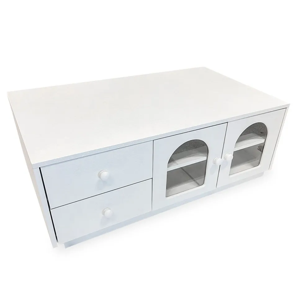 Table basse 60x100cm avec portes et tiroirs style naturel chic Volos Blanc texturé