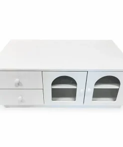 Table basse 60x100cm avec portes et tiroirs style naturel chic Volos Blanc texturé