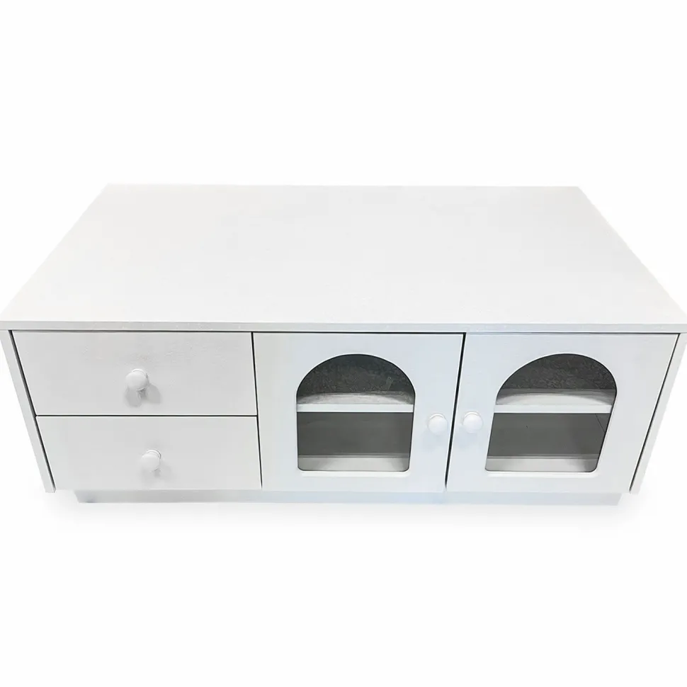 Table basse 60x100cm avec portes et tiroirs style naturel chic Volos Blanc texturé