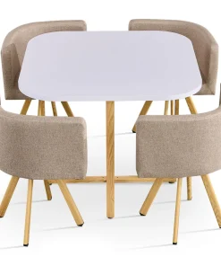 Table carrée 90cm avec 4 chaises gain de place Oslo Blanc et Tissu Taupe