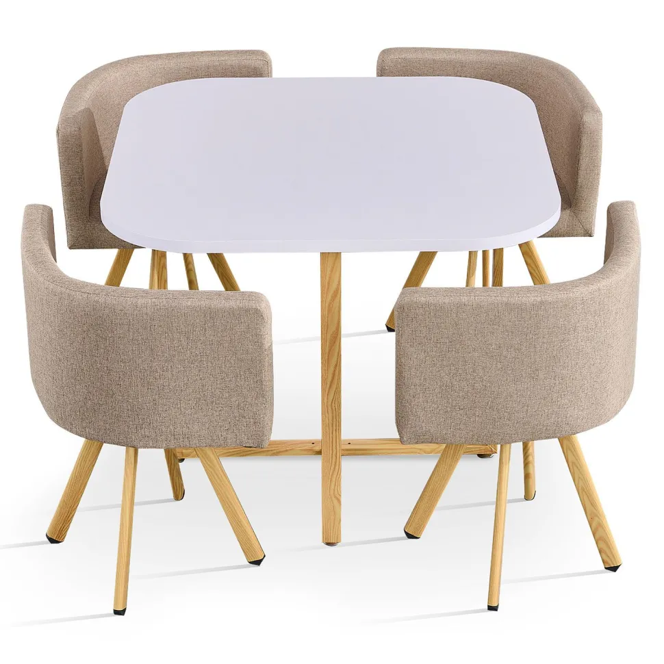 Table carrée 90cm avec 4 chaises gain de place Oslo Blanc et Tissu Taupe