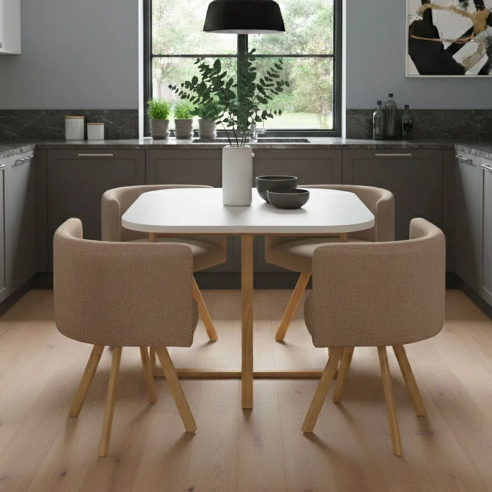 Table carrée 90cm avec 4 chaises gain de place Oslo Blanc et Tissu Taupe