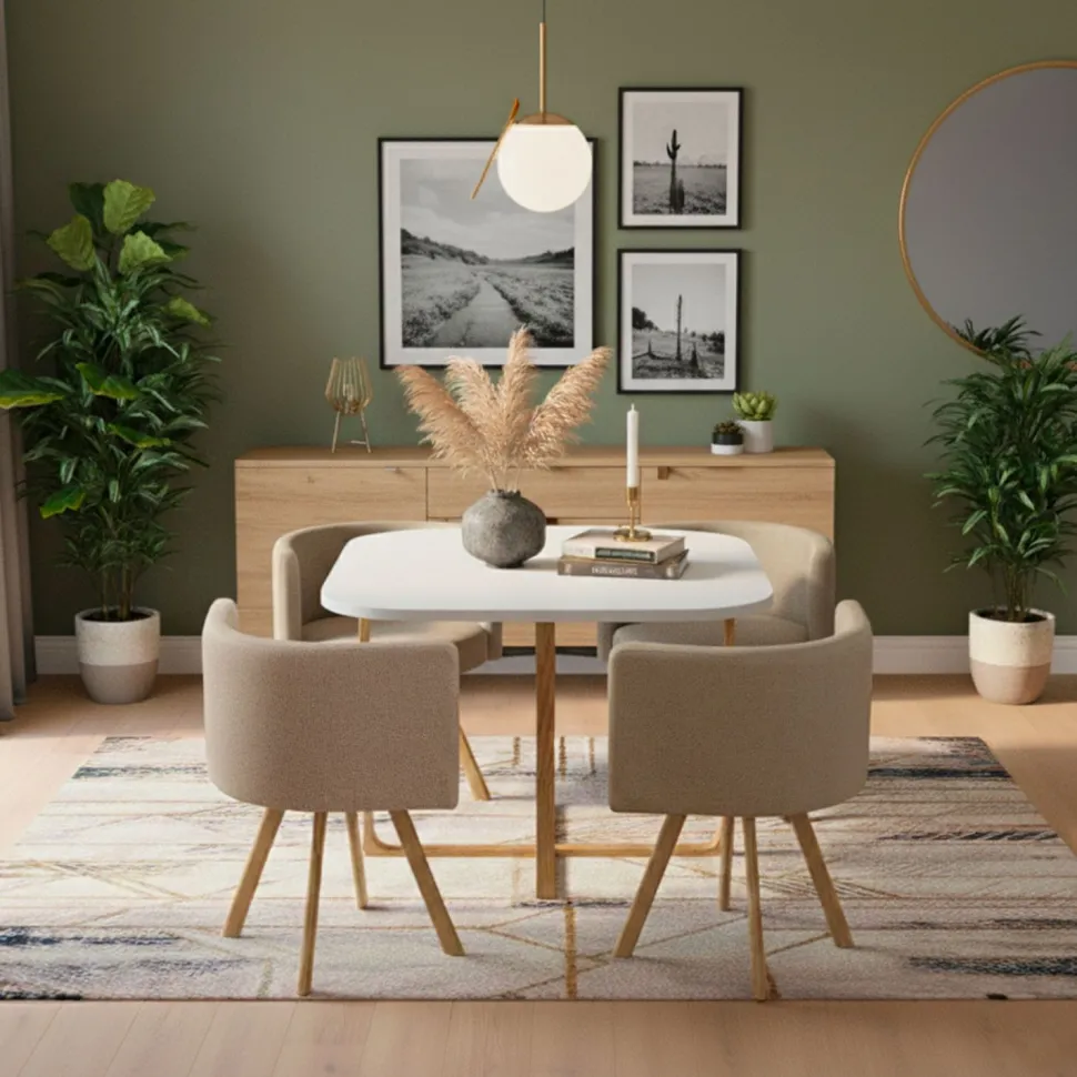 Table carrée 90cm avec 4 chaises gain de place Oslo Blanc et Tissu Taupe