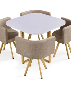Table carrée 90cm avec 4 chaises gain de place Oslo Blanc et Tissu Taupe