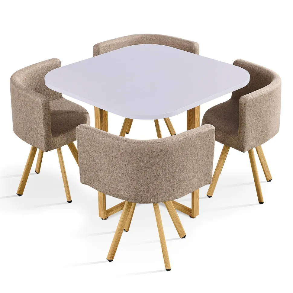 Table carrée 90cm avec 4 chaises gain de place Oslo Blanc et Tissu Taupe